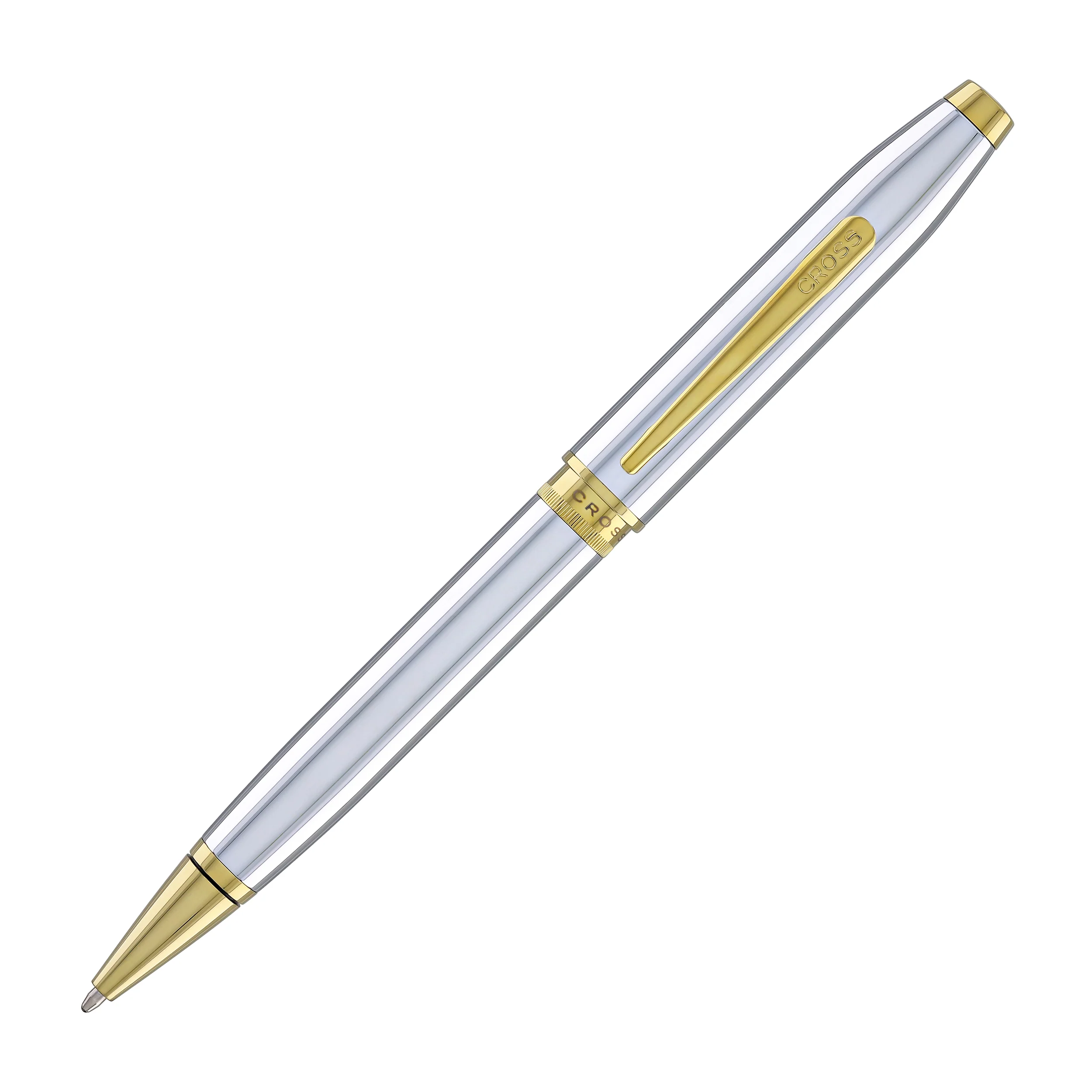 1967-cross-foundry-ballpoint-pen-in-polished-chrome-with-pvd-gold-appointments-2.webp Cross Foundry Ballpoint Pen in Polished Chrome with PVD Gold Appointments
