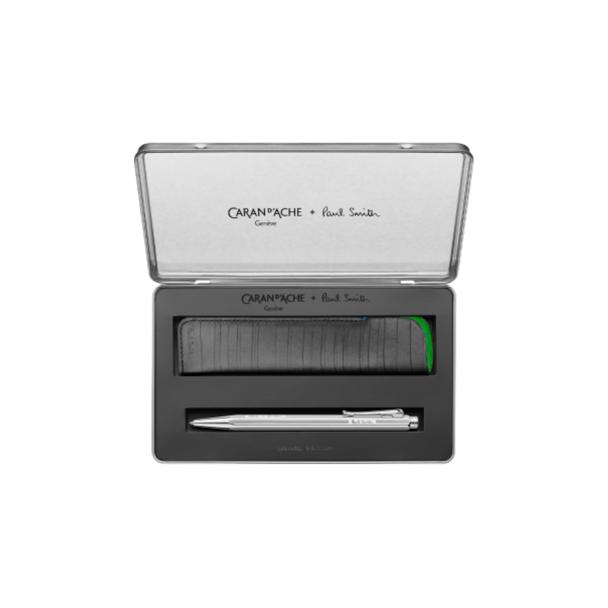 2335-caran-d-ache-ecridor-paul-smith-5-ballpoint-pen-gift-set-in-silver-with-leather-case-1.webp Caran d'Ache Ecridor Paul Smith 5 Ballpoint Pen Gift Set in Silver with Leather Case