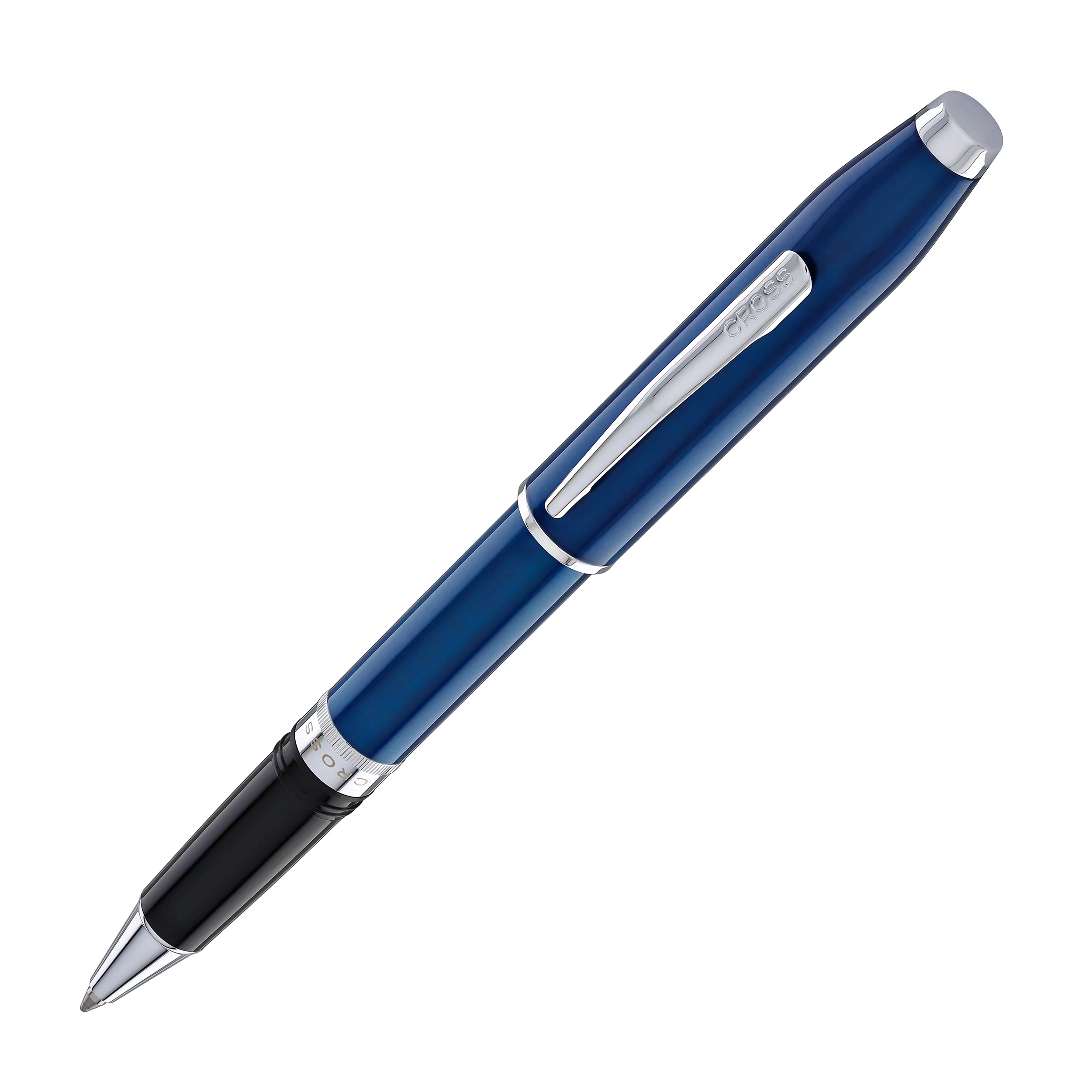 Cross Foundry Rollerball Pen in Glossy Translucent Blue Lacquer with Polished Chrome Appointments