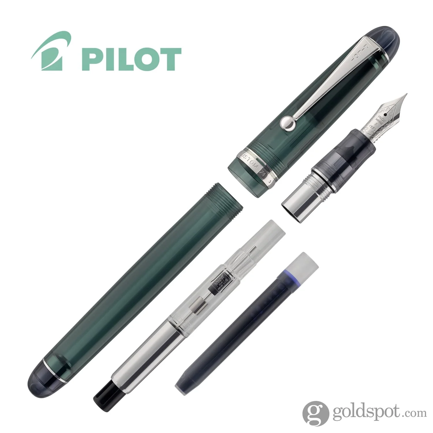 Pilot Custom 74 Fountain Pen in Forest Green with Silver Trim - 14kt Gold Nib