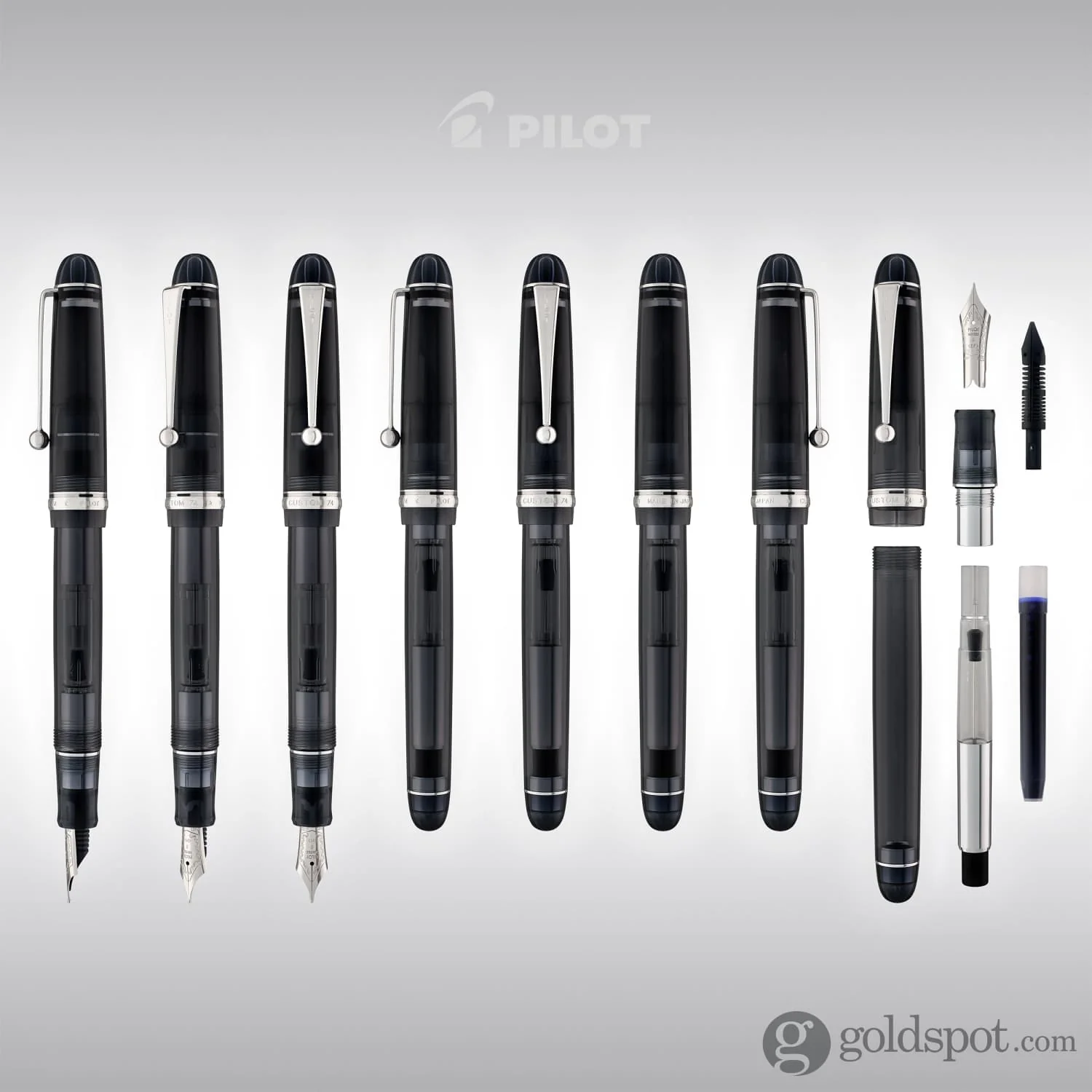 Pilot Custom 74 Fountain Pen in Smokey Black with Silver Trim - 14K Gold