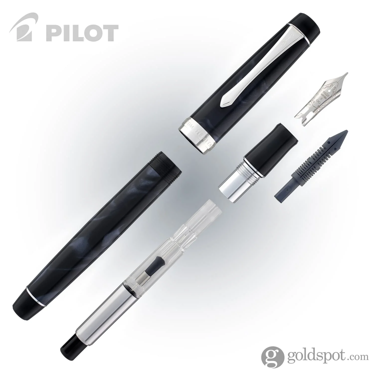 Pilot Custom Heritage SE Fountain Pen in Marble Black with Silver Trim - 14kt Gold