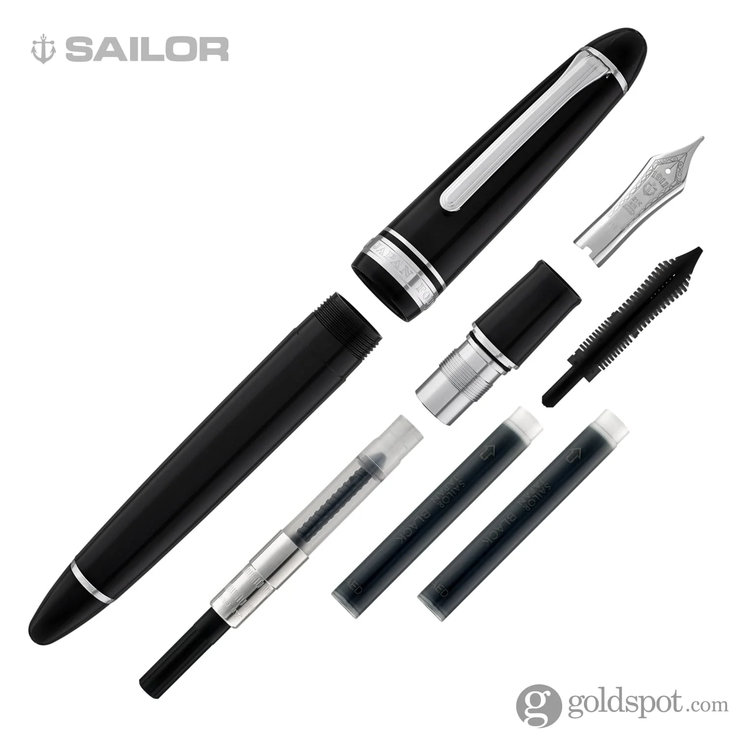 Sailor 1911 Large Fountain Pen in Black with Silver Trim - 21K Gold