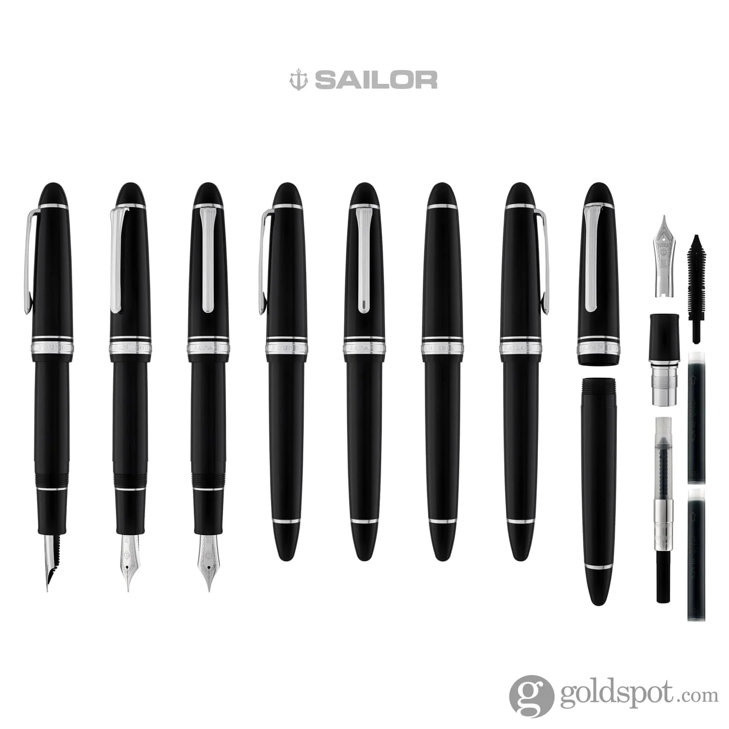 Sailor 1911 Large Fountain Pen in Black with Silver Trim - 21K Gold