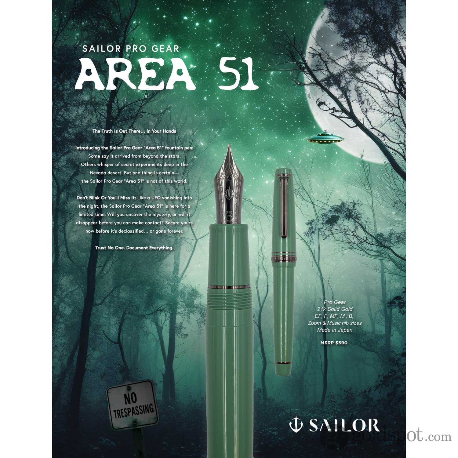 Sailor Pro Gear 'Area 51' Regular Fountain Pen in Alien Green - 21kt Gold