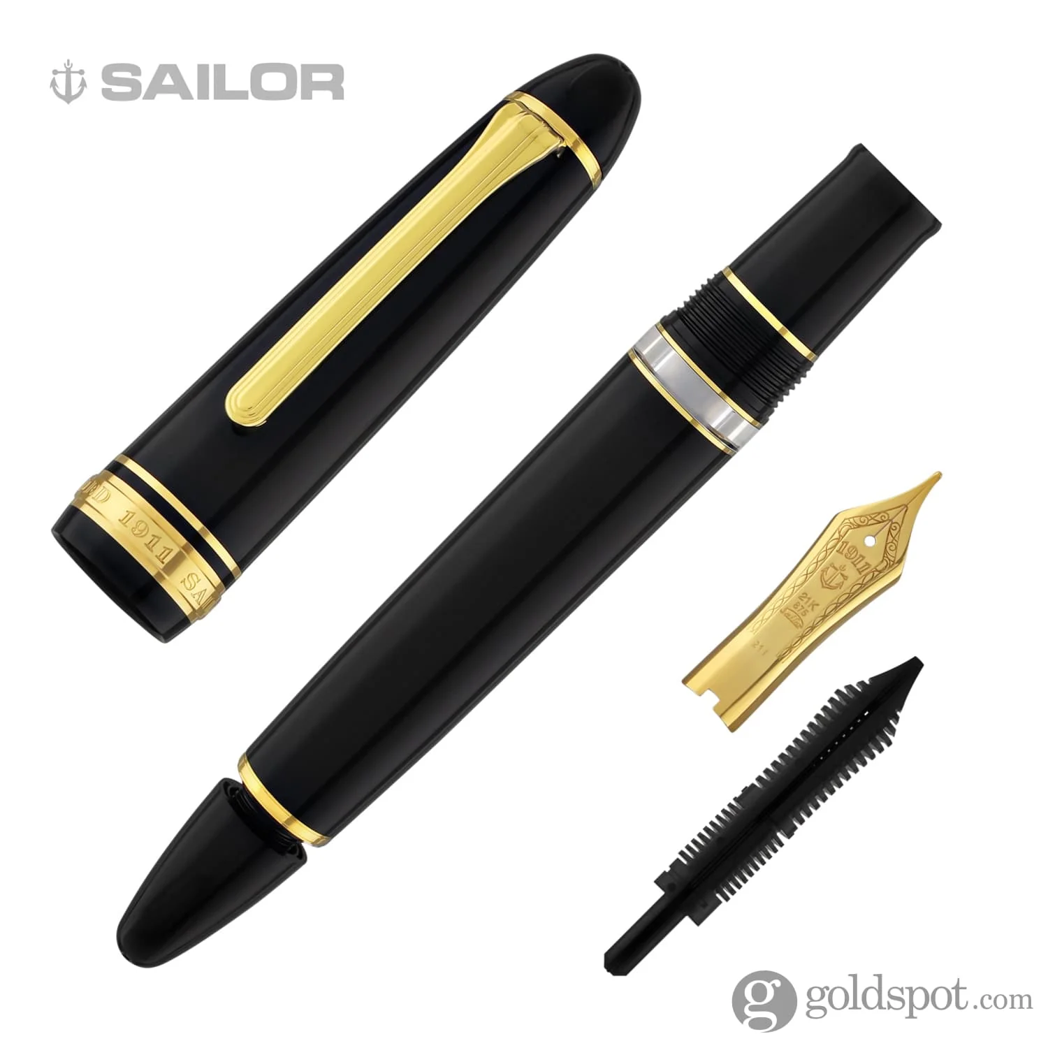 Sailor 1911 Large Realo Fountain Pen in Black with Gold Trim - 21K Gold
