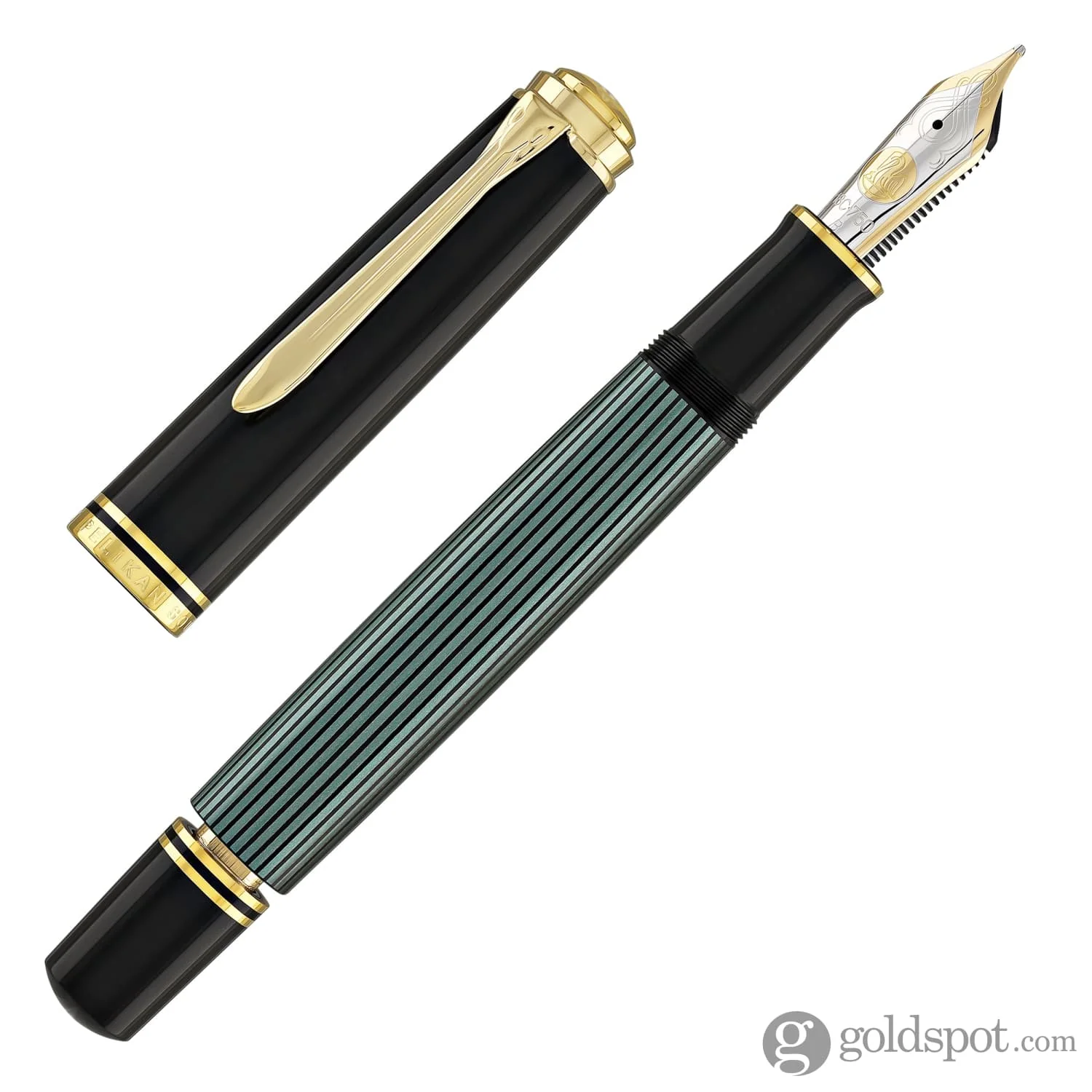Pelikan Souveran M1000 Fountain Pen in Black & Green - 18K Gold Broad Point