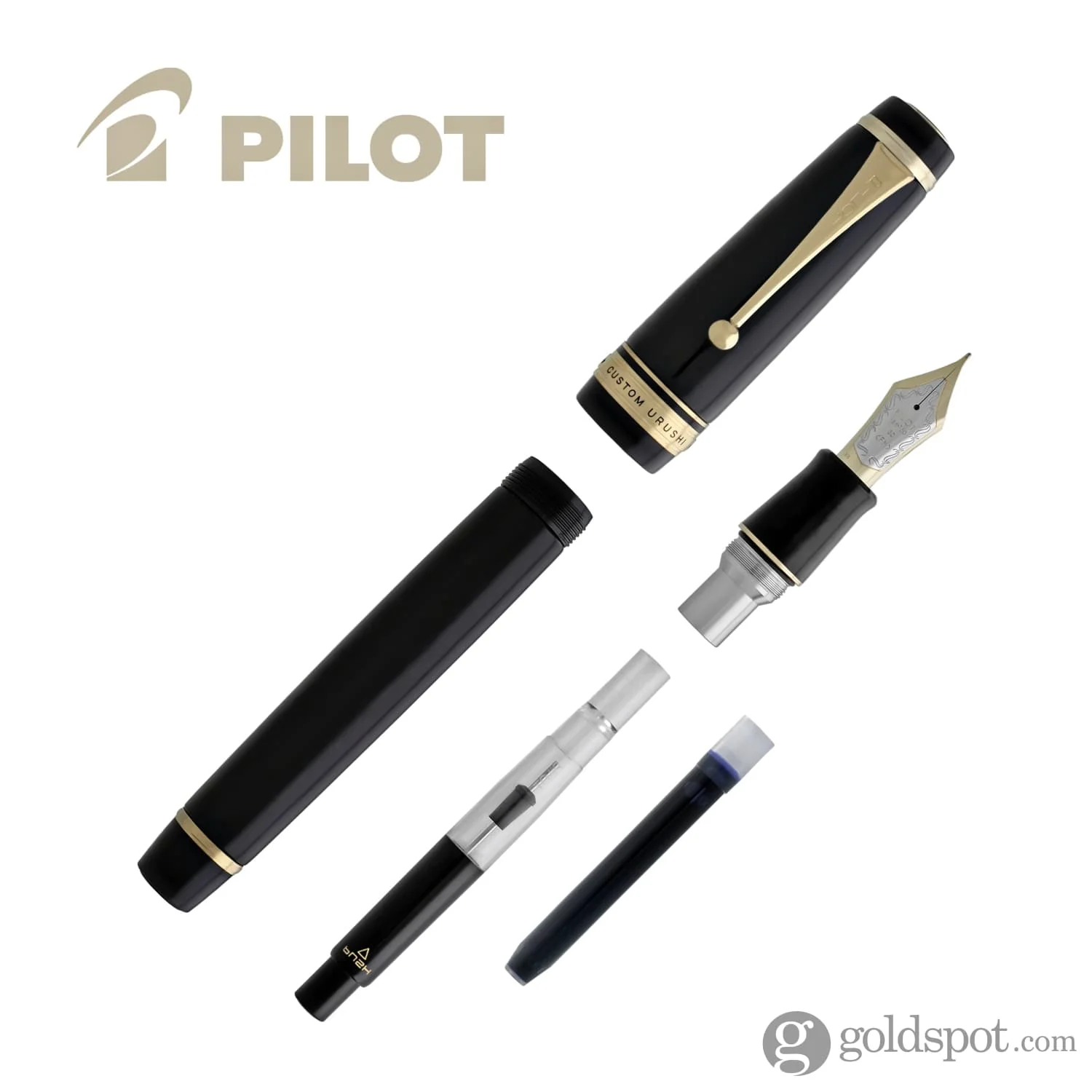 Pilot Custom Urushi Fountain Pen in Black & Gold Trim - 18K Gold