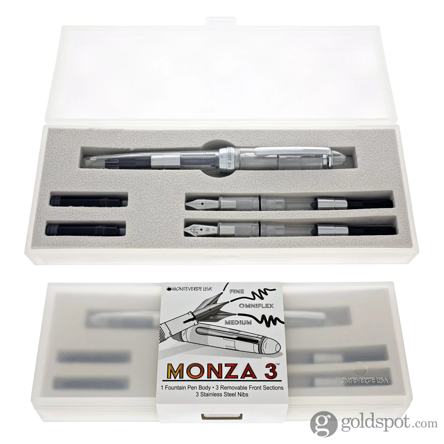 Monteverde Monza Fountain Pen in Crystal Clear - Fine, Medium and Omniflex Nibs - Pack of 3