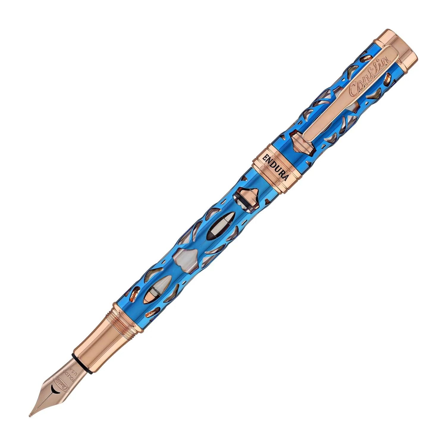 7733-conklin-endura-deco-crest-fountain-pen-in-demo-blue-with-rosegold-trim-1.webp Conklin Endura Deco Crest Fountain Pen in Demo Blue with Rosegold Trim