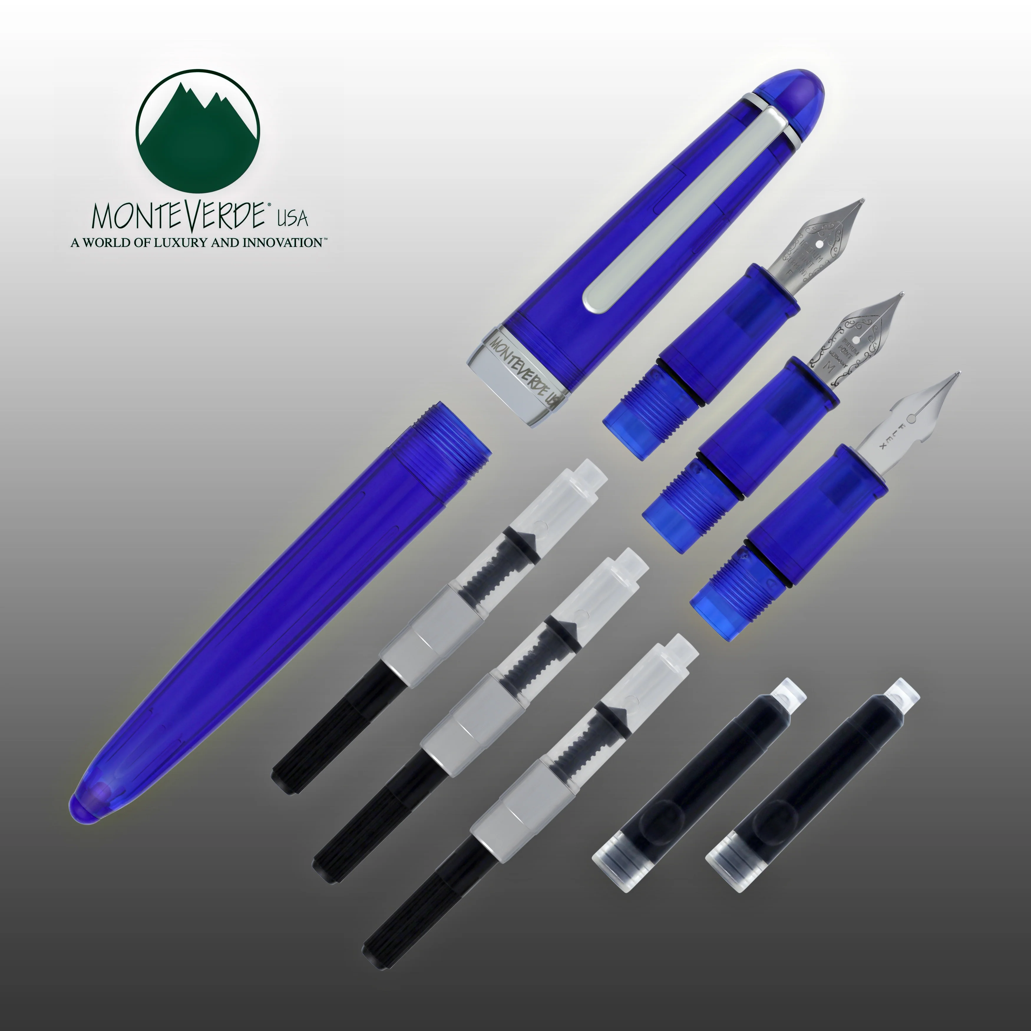 Monteverde Monza Fountain Pen in Blue - Fine, Medium and Omniflex Nibs - Pack of 3
