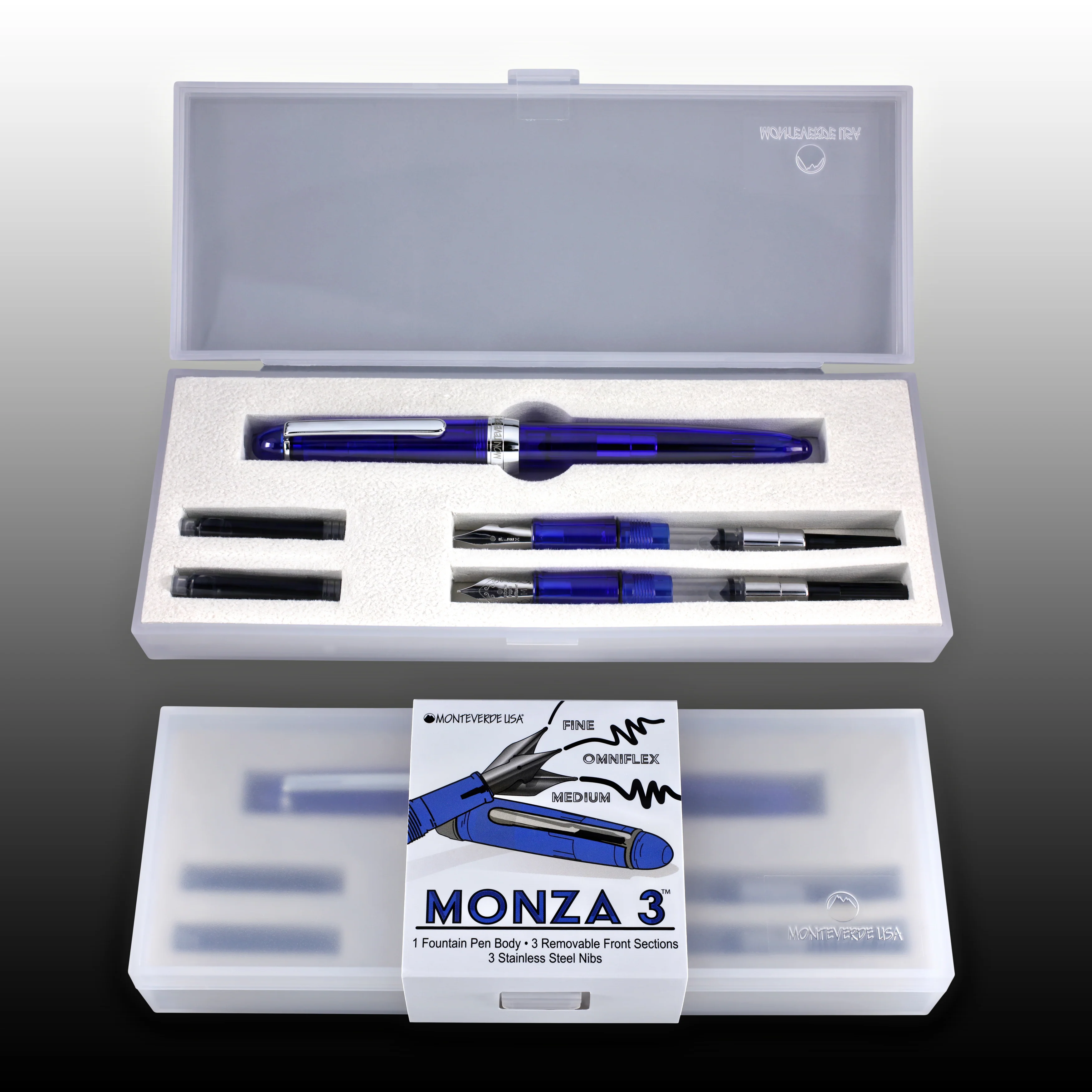 Monteverde Monza Fountain Pen in Blue - Fine, Medium and Omniflex Nibs - Pack of 3