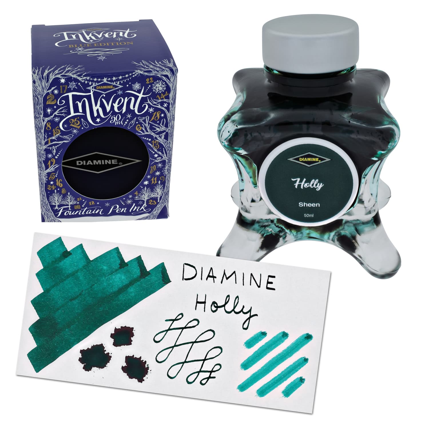 8025-diamine-inkvent-blue-edition-sheen-bottled-ink-in-holly-50-ml-1.jpg Diamine Inkvent Blue Edition Sheen Bottled Ink in Holly - 50 mL