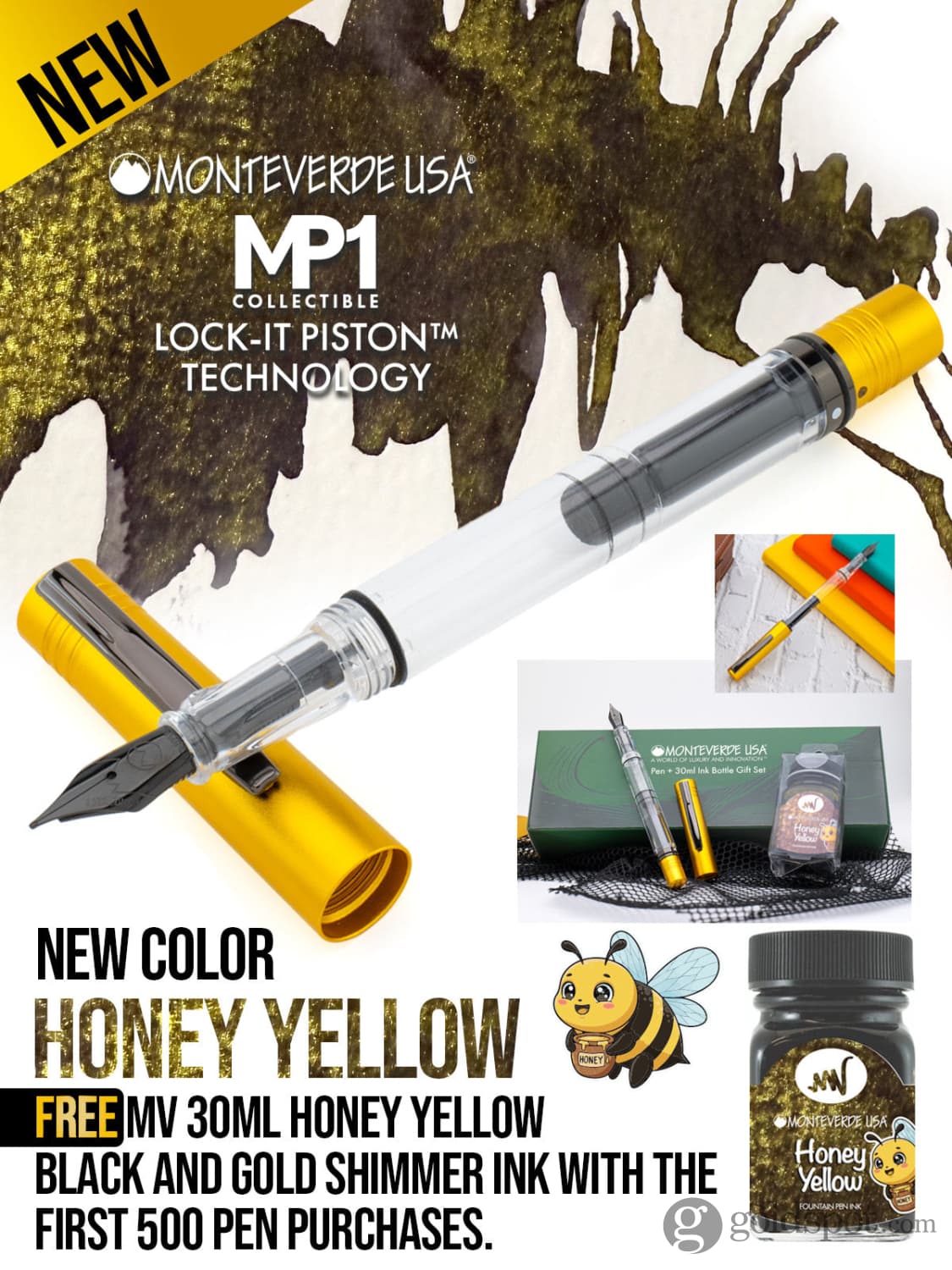 Monteverde USA MP1 Fountain Pen in Honey Yellow with 30mL Bottled Ink